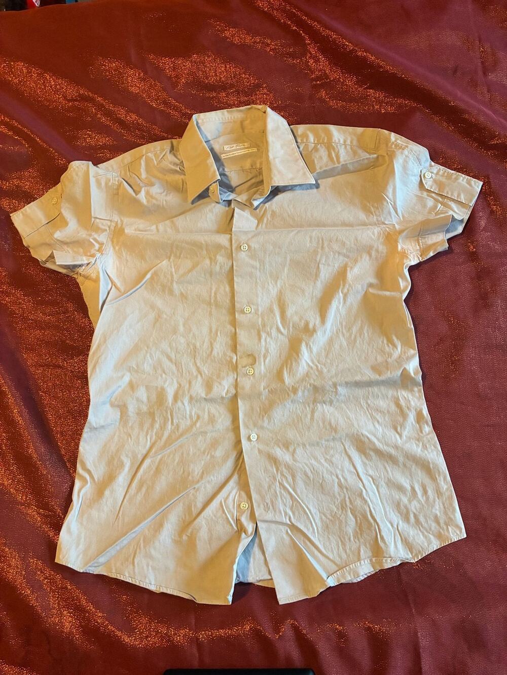 Mens Short Sleeve Button Up Shirt L Light Blue Casual Dress Cotton Blend Classic